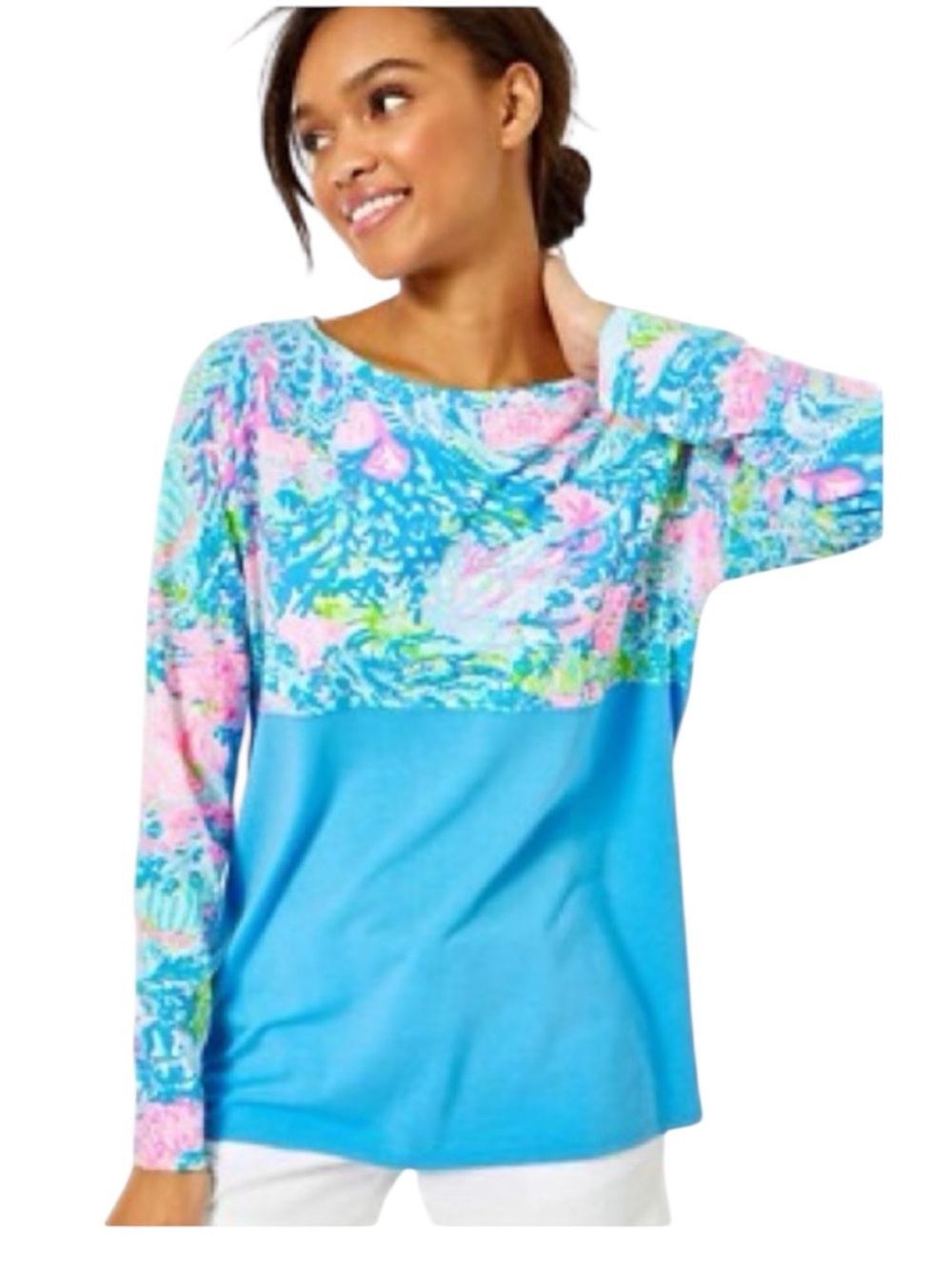 Lilly Pulitzer Floral Med Long Sleeve Color Block Coastal Jersey Tunic Finn Top